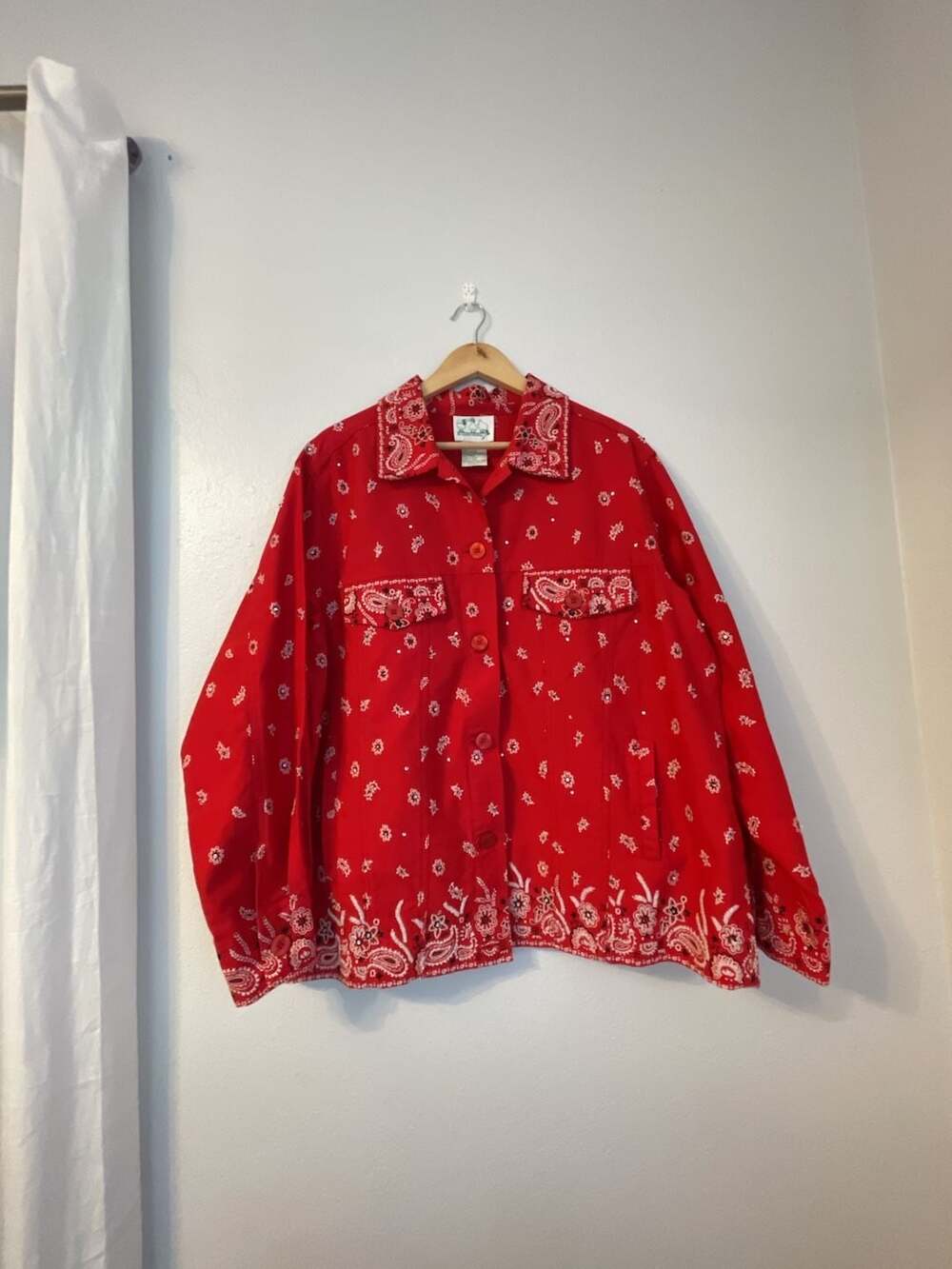 Quacker Factory Red Bandana Print Embellished Jacket Size L Rhinestone